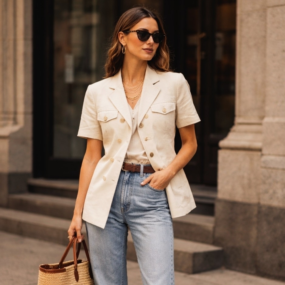 Evan Picone Cream Short-Sleeve Double-Breasted Blazer